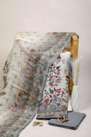 Purely Linen Rich Embroidered Cloudy Grey Unstitched Suit Set Geetha Creation